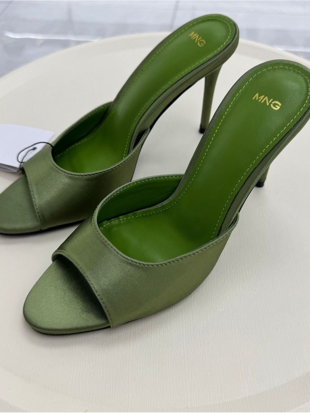 Mango Olive Green Satin Open-Toe Stiletto Mules